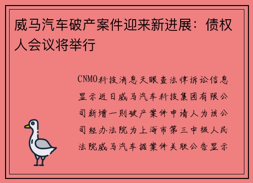 威马汽车破产案件迎来新进展：债权人会议将举行