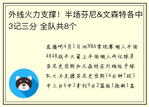 外线火力支撑！半场芬尼&文森特各中3记三分 全队共8个