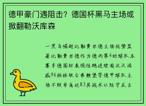 德甲豪门遇阻击？德国杯黑马主场或掀翻勒沃库森
